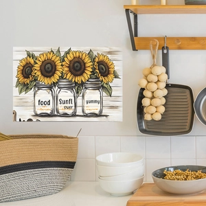 Self-adhesive sunflower wall stickers on kitchen tiles featuring rustic yellow floral mason jars