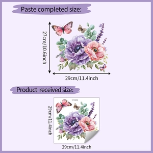 Detailed size guide for purple flower and butterfly wall stickers with metric measurements