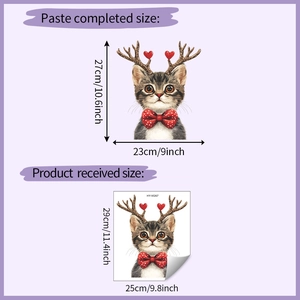 Detail view of cat wall sticker with dimensions showing sheet and finished sizes