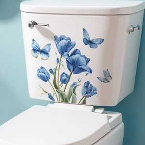 Adesivo Murale Tulipano Blu e Farfalla PVC Impermeabile per Coperchio WC Decalcomania Floreale Artistica Decorazione Bagno Casa