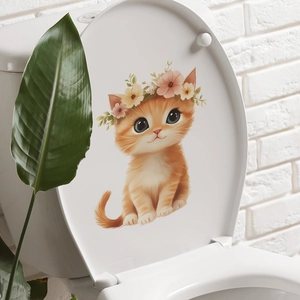 Cute orange cat with floral wreath wall sticker for home bedroom and living room decor