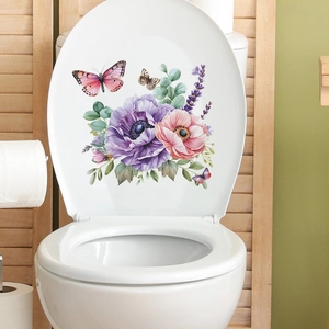 Purple Pink Flower Butterfly Toilet Lid Sticker PVC Waterproof Self Adhesive Floral Bathroom Wall Decal Home Art Decor