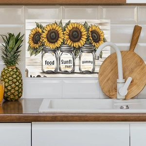 Self-adhesive sunflower wall stickers for kitchen featuring mason jars and wood texture