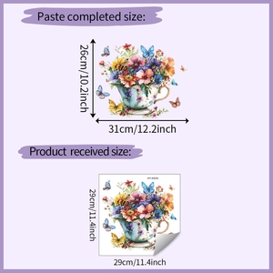 Floral teacup wall sticker detail showing layout dimensions and watercolor butterfly design