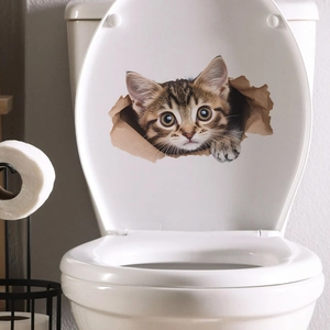 3D cartoon tabby cat wall sticker appearing through a broken hole for bathroom decor