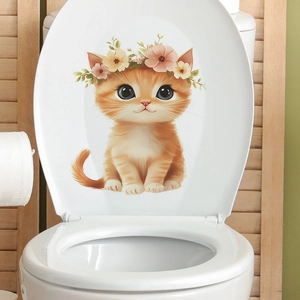 Cute ginger cat with flower wreath waterproof self-adhesive wall and toilet sticker decoration