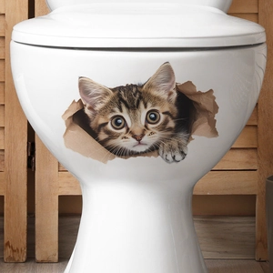 3D realistic tabby cat wall sticker with broken paper effect for bathroom toilet decor