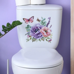 Pink and purple flower wall sticker with butterflies for home decor on white toilet tank
