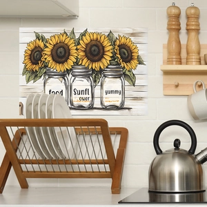 Rustic sunflower stickers on kitchen tiles featuring glass jars and wood textures