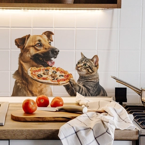 Self-adhesive wall sticker featuring a realistic cat and dog holding a pizza on white tiles