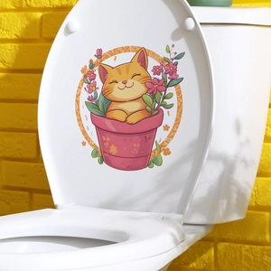 Sticker mural autocollant chat de dessin animé et pot de fleurs sur surface blanche