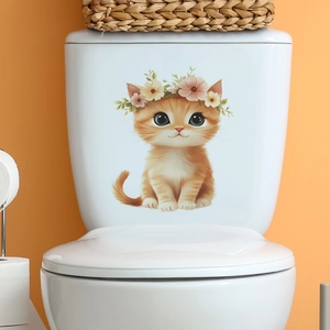 Cute orange kitten with floral wreath wall sticker decor for bathroom or bedroom walls