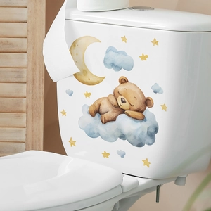 Cartoon sleeping bear on blue cloud wall sticker with moon and stars for home decor