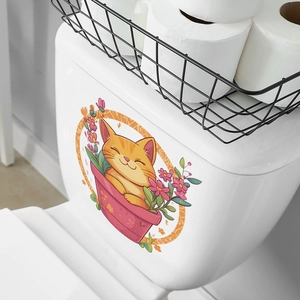 Sticker mural autocollant chat et pot de fleurs pour décoration de salle de bain