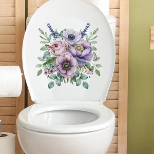 Adesivo per water con fiori ad acquerello anemonie viola e lavanda per bagno moderno