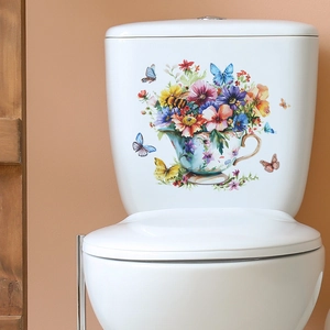 Watercolour flower teacup wall sticker for toilet tank home decor with butterflies