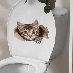 Detail view of 3D cat wall sticker with realistic feline peeking through broken wall