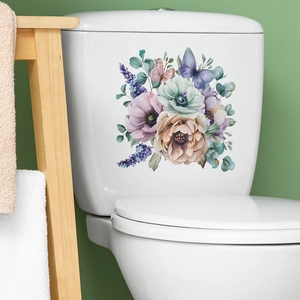 Watercolor floral wall sticker with pink flowers and butterflies on a white surface