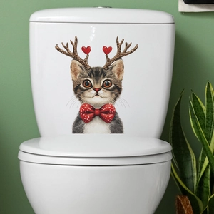 Gentleman cat wall sticker with reindeer horns and heart design on toilet tank