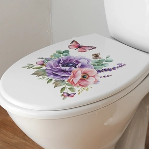 Self-adhesive floral wall stickers with pink and purple flowers and butterflies for bathroom decor