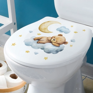 Cartoon sleeping bear on blue cloud wall sticker with moon and stars for home nursery