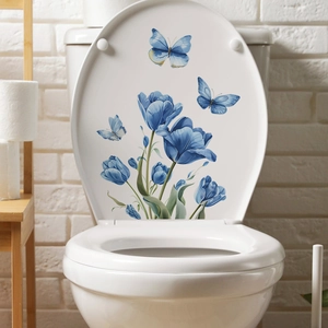 Adesivi murali autoadesivi con tulipani blu e farfalle per decorazioni da bagno