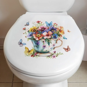 Floral teacup wall sticker with colorful flowers and butterflies for home decor