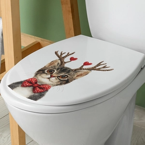Funny cat wall sticker with red bow and antlers for bathroom toilet lid decoration