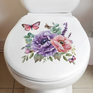 Floral toilet seat decal featuring purple anemone and pink peony with butterflies
