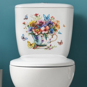 Self-adhesive floral tea cup and butterfly wall stickers for home decoration