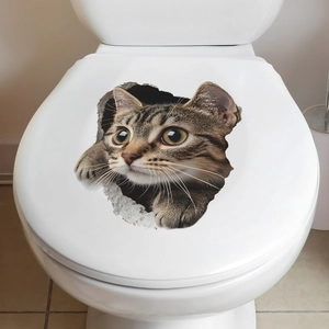 Realistic 3D cat wall sticker with a creative broken wall effect for bathroom decor