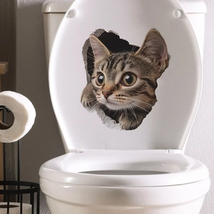 3D realistic tabby cat wall sticker with broken wall effect for bathroom toilet decor