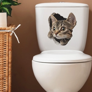Realistic 3D tabby cat wall decal appearing to break through a white toilet tank surface