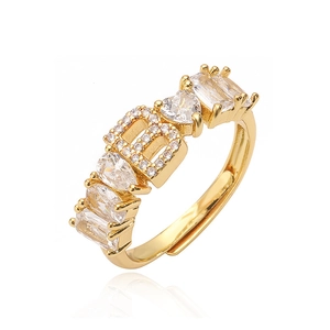 Anello dorato regolabile con lettera B e zirconi cuore pera baguette lucidi