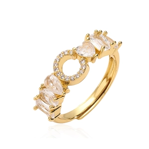 Anello con lettera placcato oro regolabile con zirconi a forma di cuore e goccia