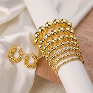 Minimalista Cobre Cuenta Redonda Pulsera Y Pendientes de Botón Conjunto Joyas Pulido Chapado Oro Plata Moda Mujer