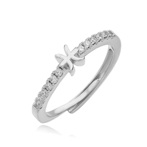 Detailed close-up of adjustable silver Pisces zodiac ring with sparkling cubic zirconia