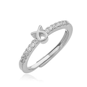 Detailed close-up of adjustable silver ring with fish symbol and sparkling zircons