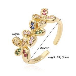 Adjustable triple flower ear cuff in gold finish with colorful zircon crystals
