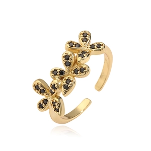 Adjustable 18K gold butterfly ring featuring three elegant black zircon pavé floral accents