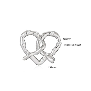 Detailed view of twisted heart stud earrings with cubic zirconia and size dimensions