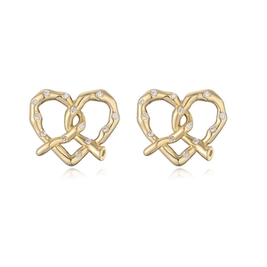 Golden pretzel heart stud earrings with sparkling zircon inlay for women