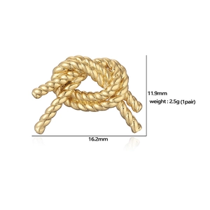 Detailed view of gold twist knot stud earrings with dimensions and weight specs