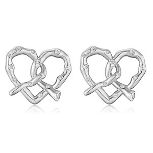 Polished silver heart stud earrings with sparkling cubic zirconia in a twisted knot design