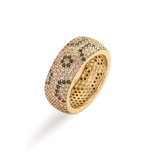 Vergoldeter breiter Ring mit schwarz-weißem Pavé-Zirkonia und Monogramm-Blumenmuster