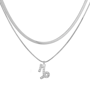 Silver double-layered herringbone chain and Capricorn zodiac pendant with zircon stones