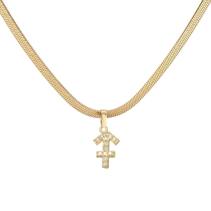 Detailopname van Boogschutter sterrenbeeld hanger met zirkonia aan gouden slangenketting