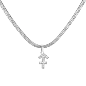 Macro-opname van zilveren Boogschutter hanger met zirkonia op een platte slangenketting