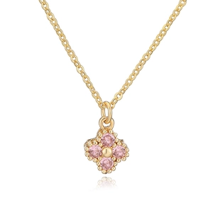 Elegant gold necklace featuring a clover pendant with four pink round stones and bead edges
