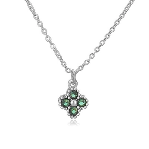 Detail of silver clover necklace featuring four green zircons and delicate beaded edges